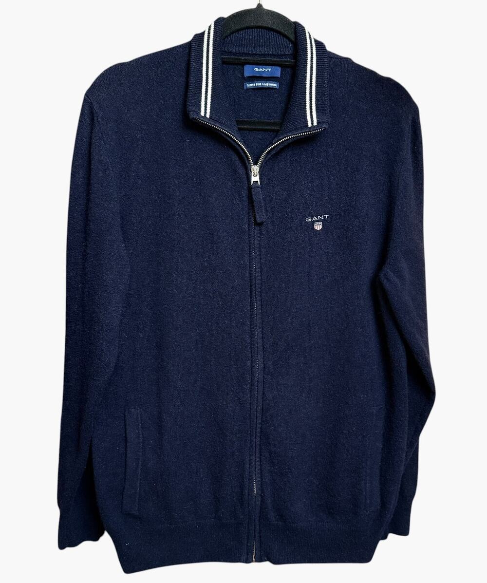GANT Mens Super Fine Lambswool Full Zip Cardigan Sweater Navy Blue M Italy